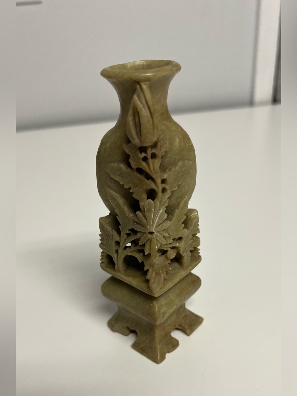 Hand-Carved Olive Green Stone Floral Vase Sculpture - Unbranded